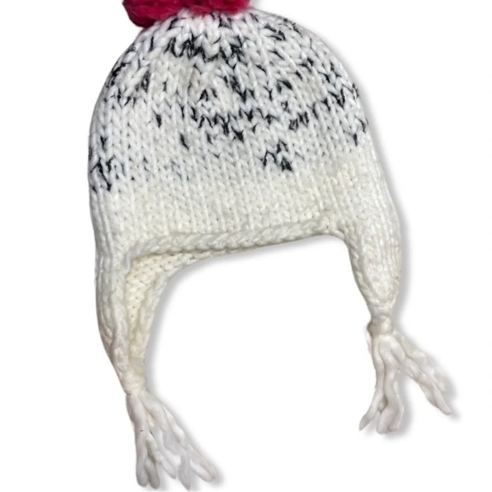 Kids White Knit Pom Pom Earflap Hat with Pink Pom